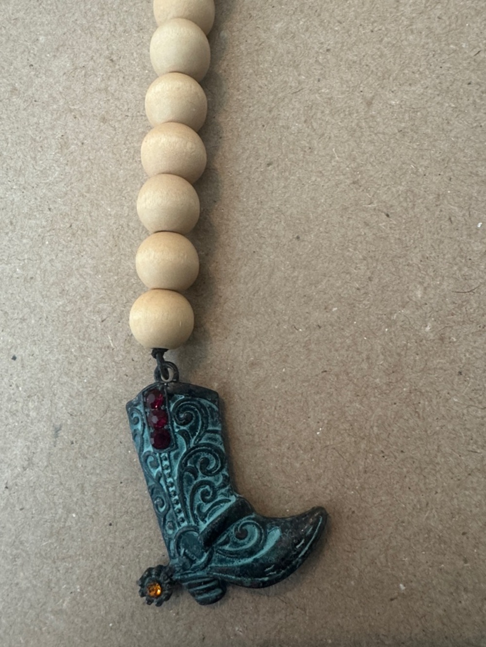 Beaded Wood Wristlet Keychain with Turquoise Cowboy Boot Charm - Picture 2 of 2